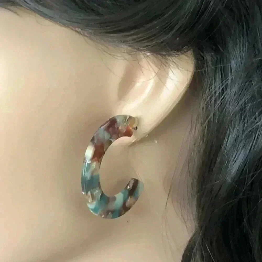 Turquoise Brown Pearl Semi Hoop Acrylic Stainless Steel Earrings NWT